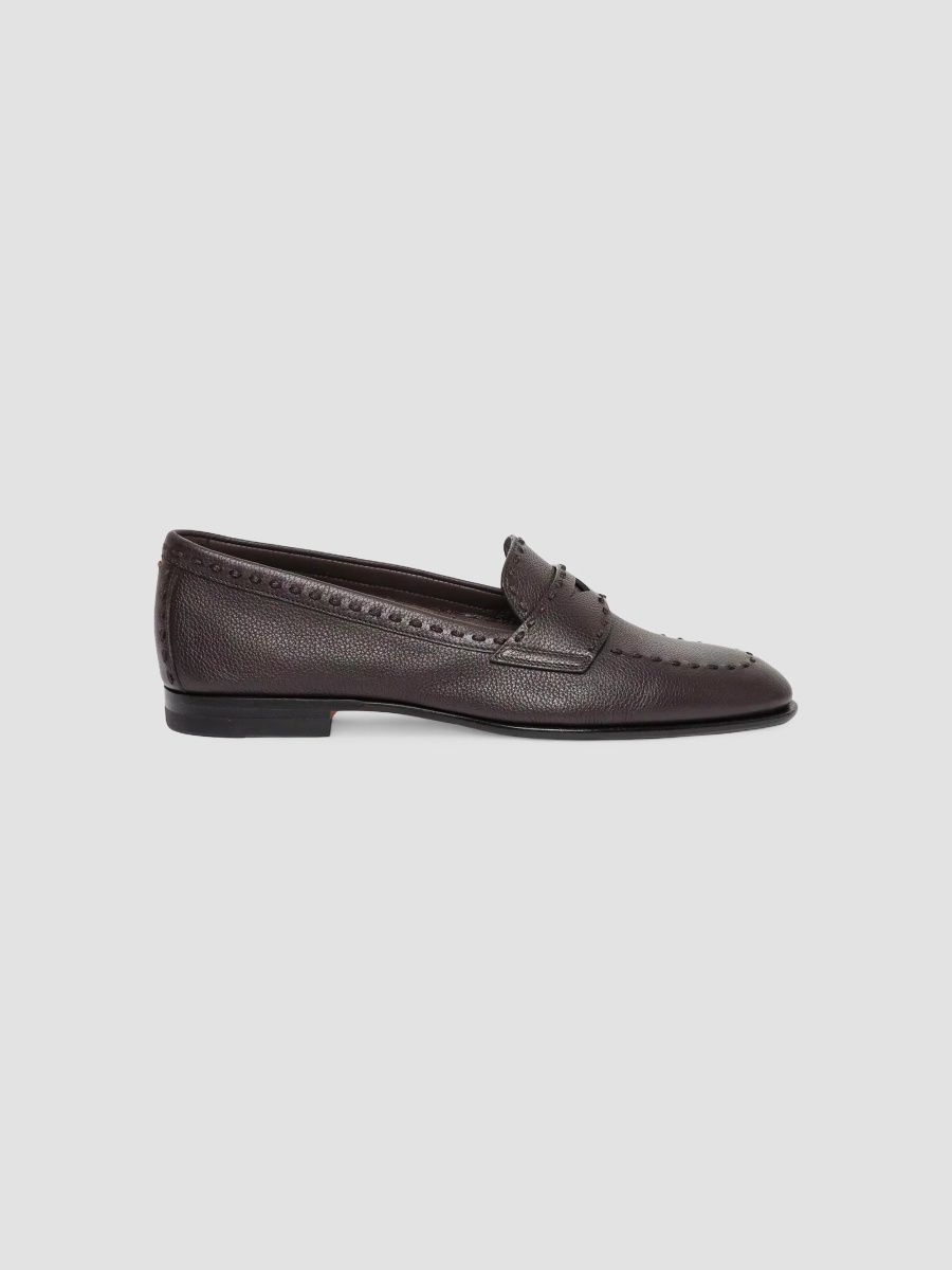 Santoni Women's Topstitched Leather Penny Loafers - Dark Brown - Size 5.5