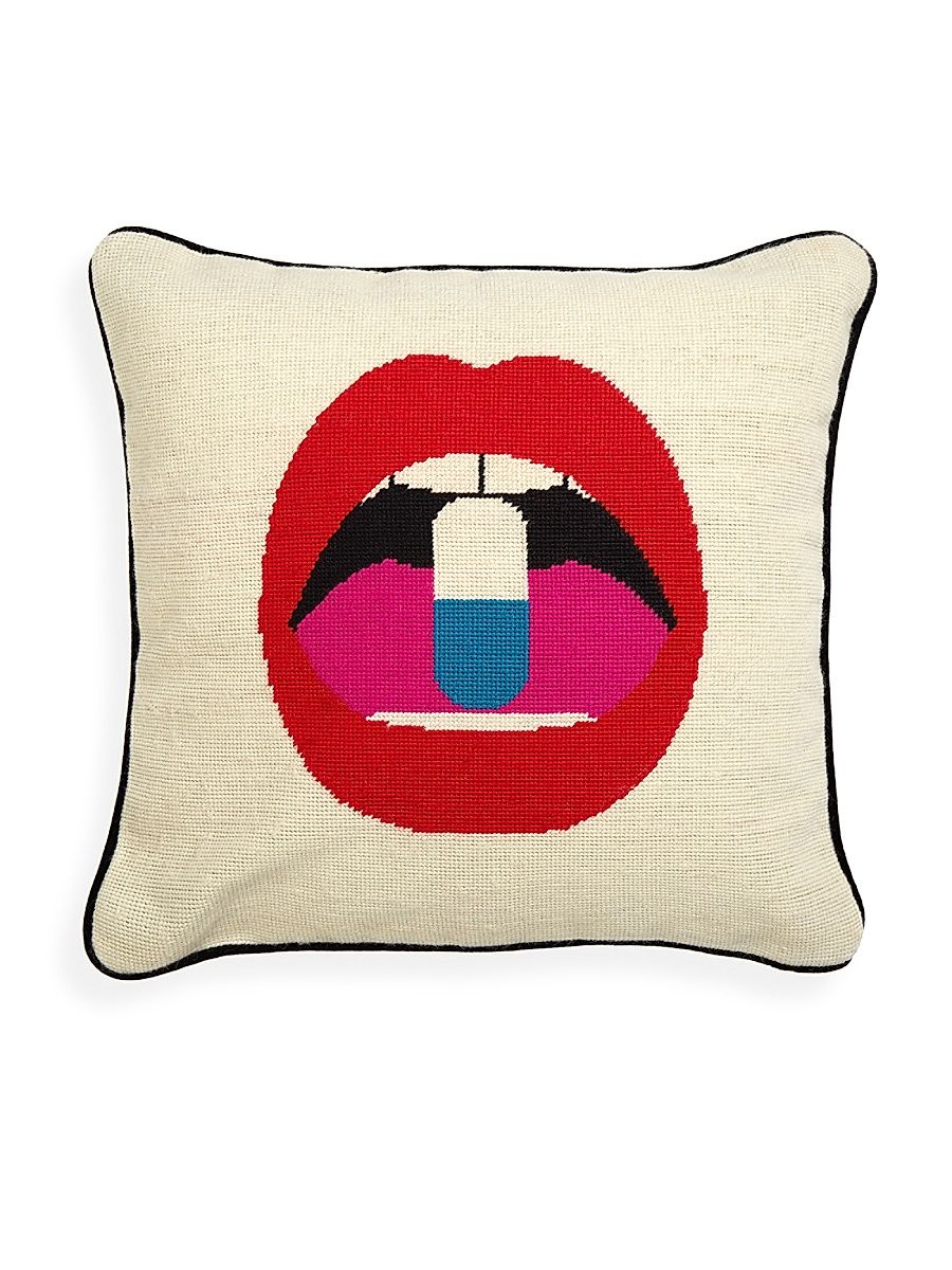 Full Dose Lips Needlepoint Throw Pillow - White