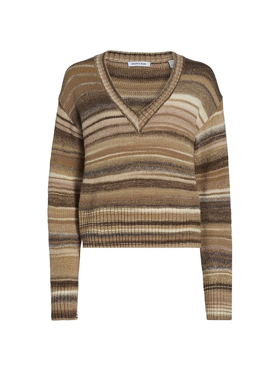 Women's Diora Striped Wool-Blend V-Neck Sweater - Desert Khaki Multi - Size Large