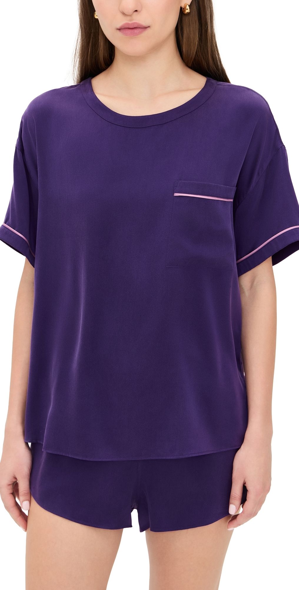 Lunya Washable Silk Piped Tee Shorts Set Flying Fig/Lilac Haze L