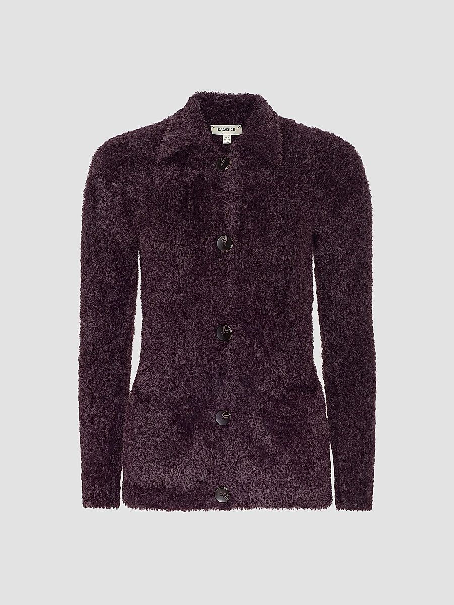 L'AGENCE Women's Mist Fuzzy Collared Cardigan - Dark Plum - Size XL
