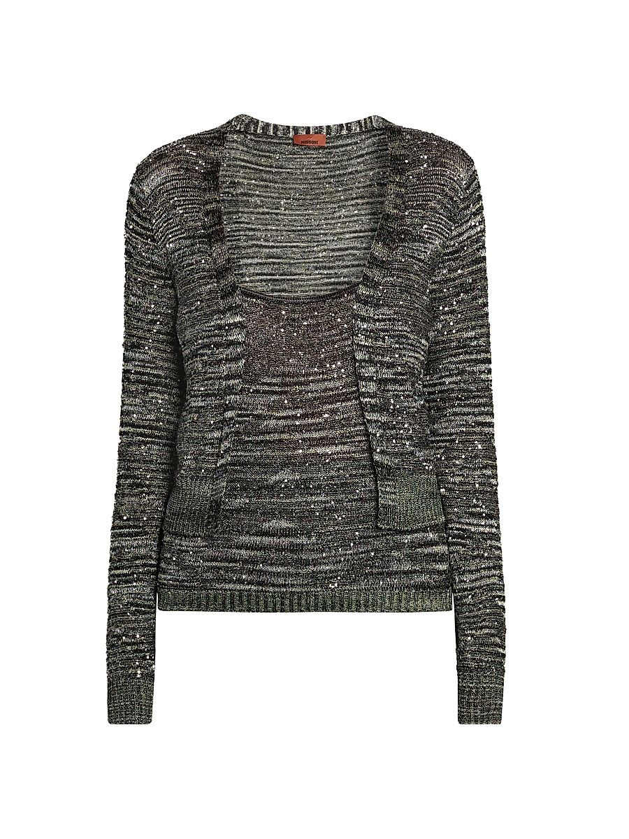Women's Layered Sequined Cardigan - Space Dyed Black Green - Size 4