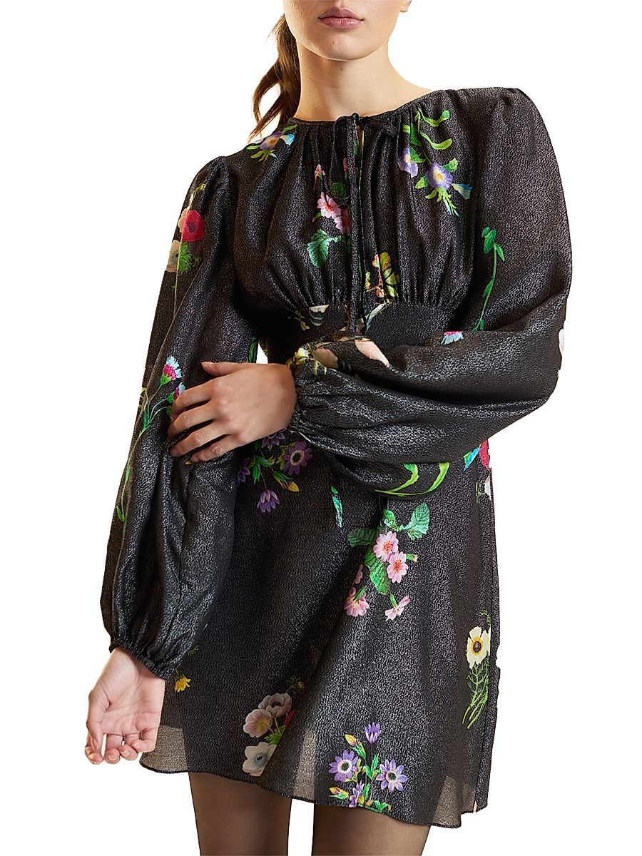 Women's Floral Silk-Blend Puff-Sleeve Minidress - Black Floral - Size 8