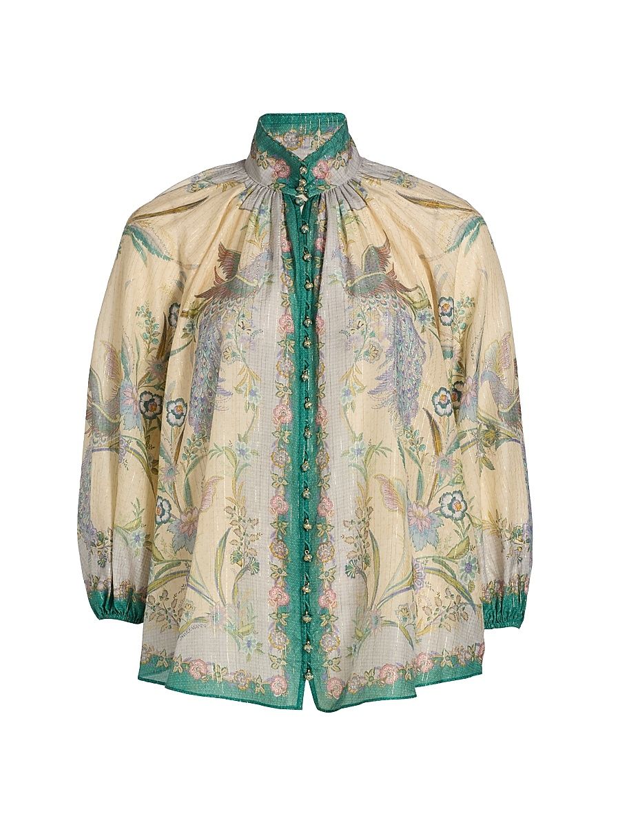 Women's Indra Peacock Cotton-Silk Billow Blouse - Cream Scarf Floral - Size 8