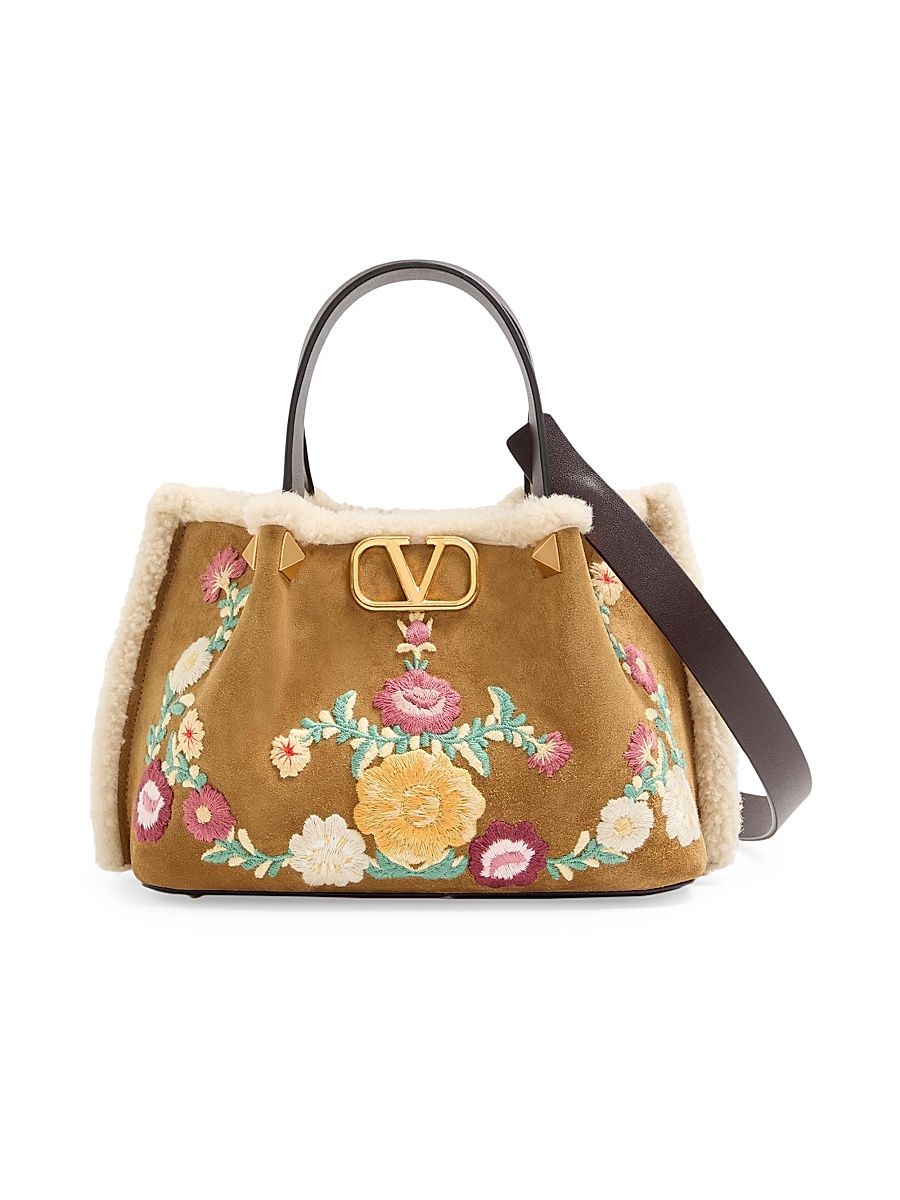 Women's Small Top Handle Bag in Embroidered Suede with Sheepskin Lining - Havana Beige