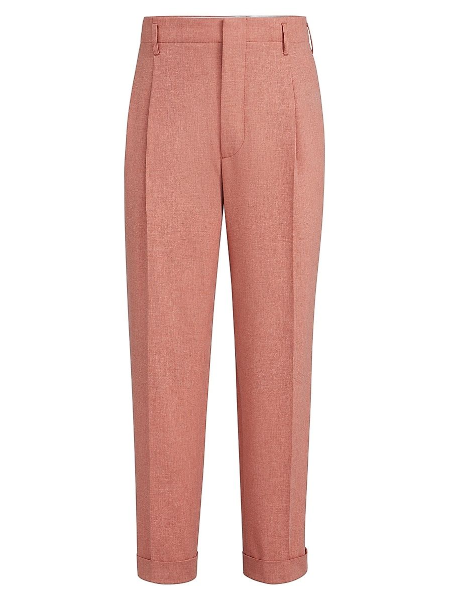 Men's Virgin Wool, Cotton and Silk Mouliné Trousers - Apricot - Size 48