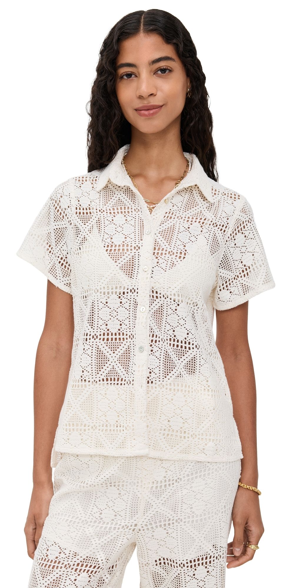 Little Lies Lacey Short Sleeve Shirt Ivory M