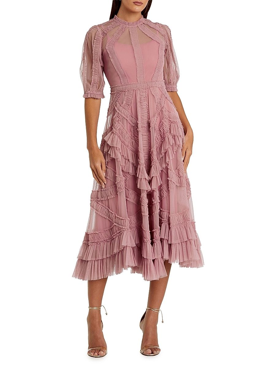Women's Tulle Ruffle Tiered Midi-Dress - Antique Rose - Size 2