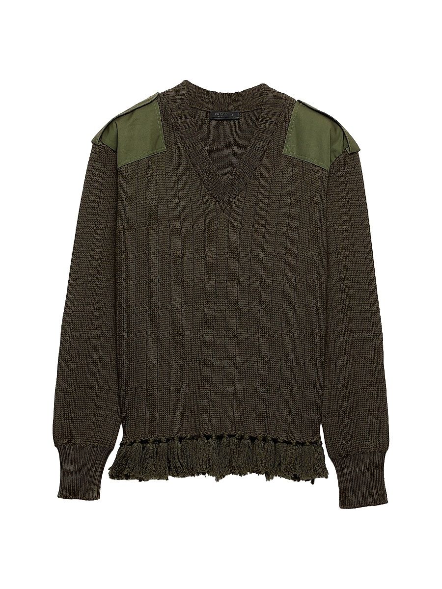Men's Fringed Wool Sweater - Green - Size 34