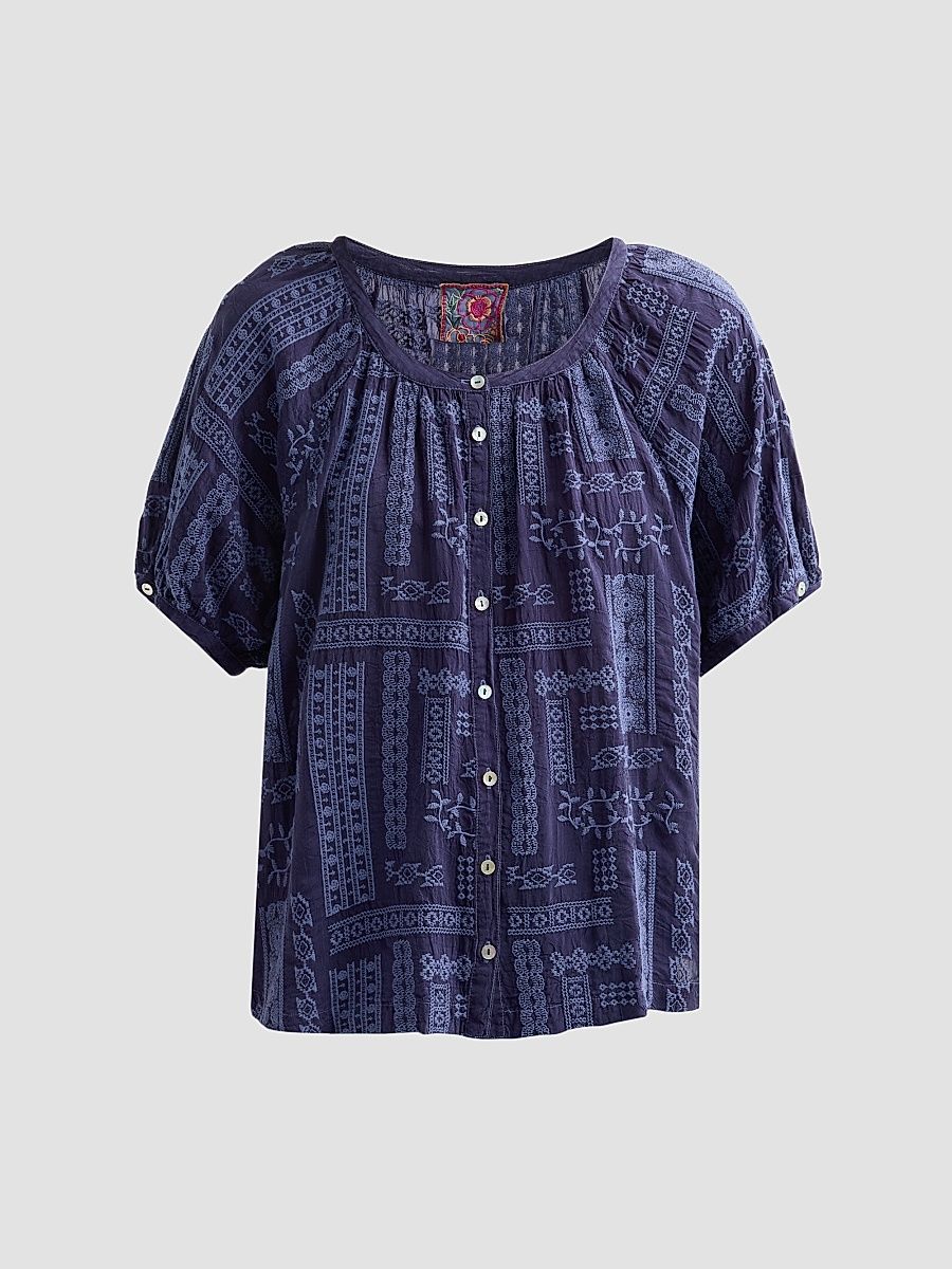 Women's Avah Embroidered Patchwork Blouse - Blue Night - Size XL