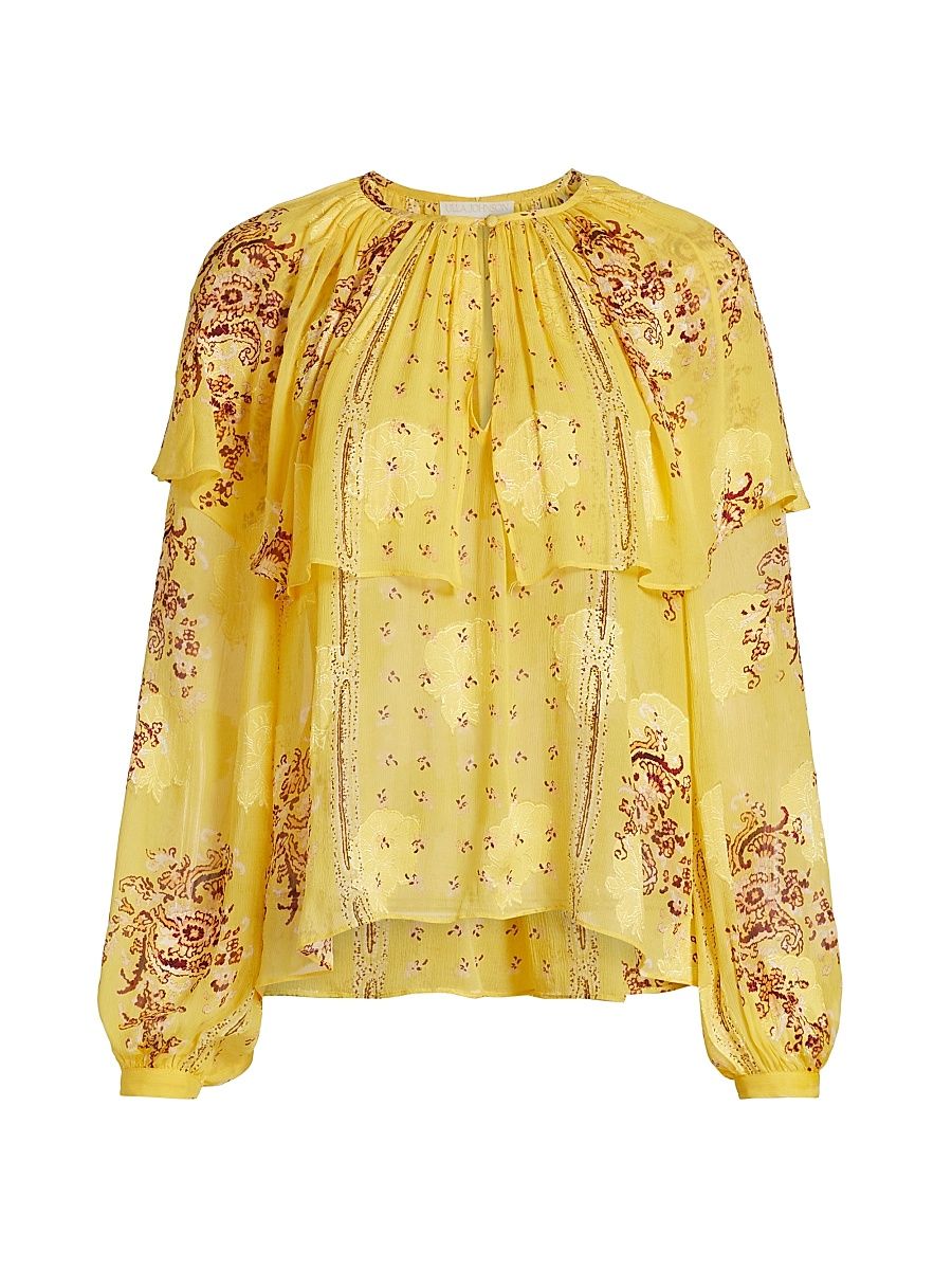 Women's Elissa Printed Silk Chiffon Cape Blouse - Soleil - Size 16