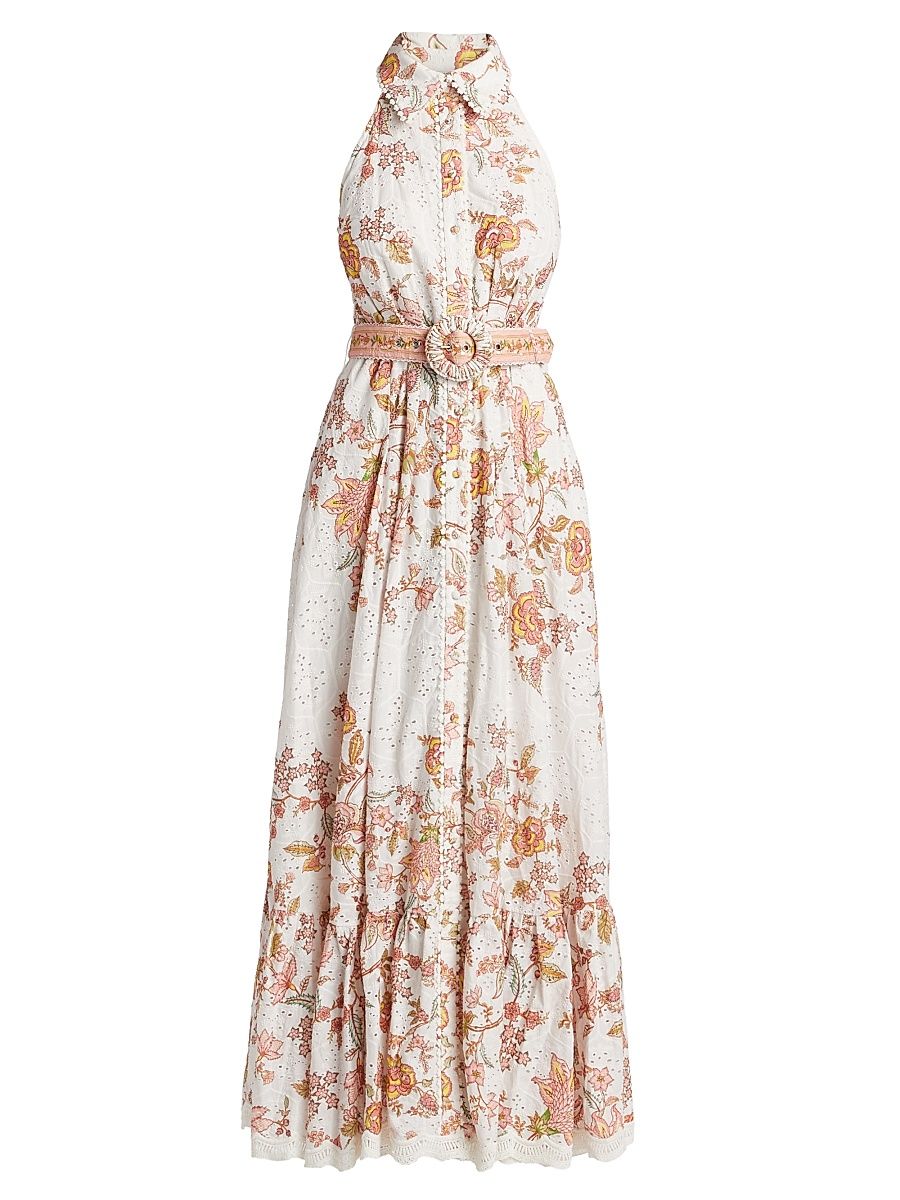 Women's Niti Floral Eyelet Cotton Maxi Shirtdress - White Floral - Size XL