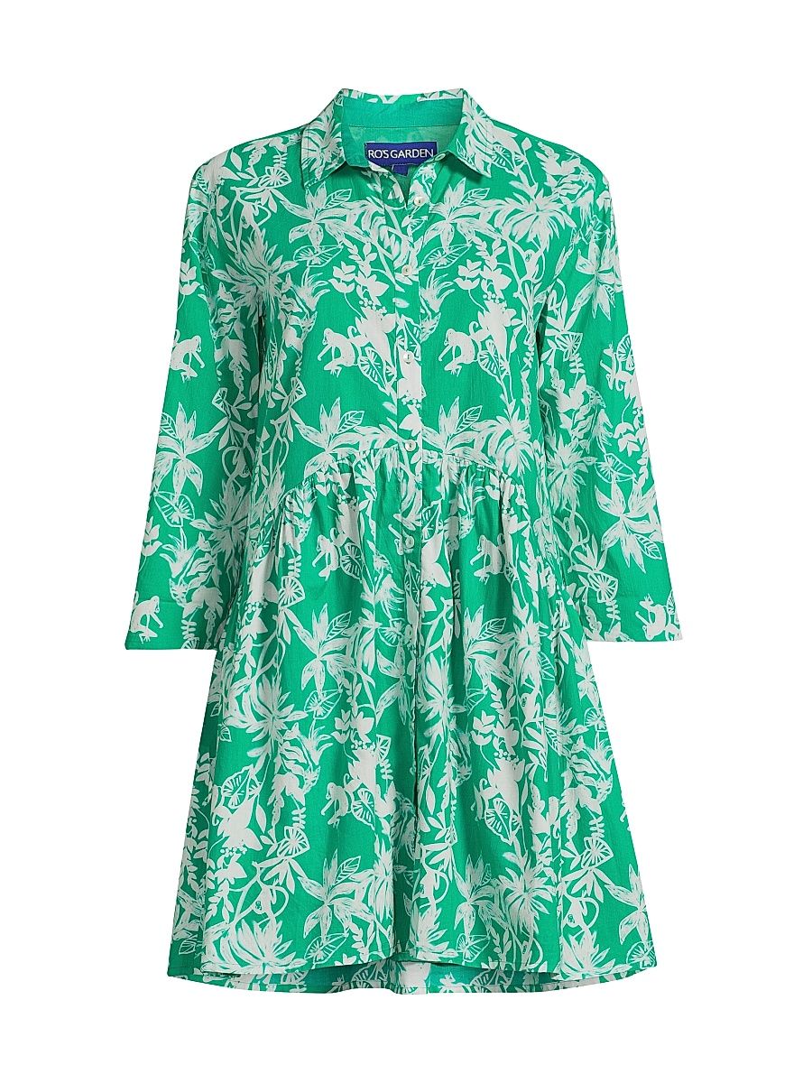 Women's Deauville Botanical Print Cotton Shirtdress - Green Amazonia - Size Small