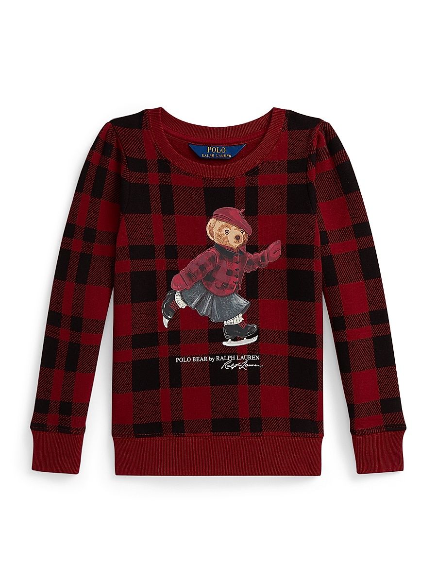 Little Girl's & Girl's Polo Bear Plaid Crewneck Sweatshirt - Holiday Red - Size 7
