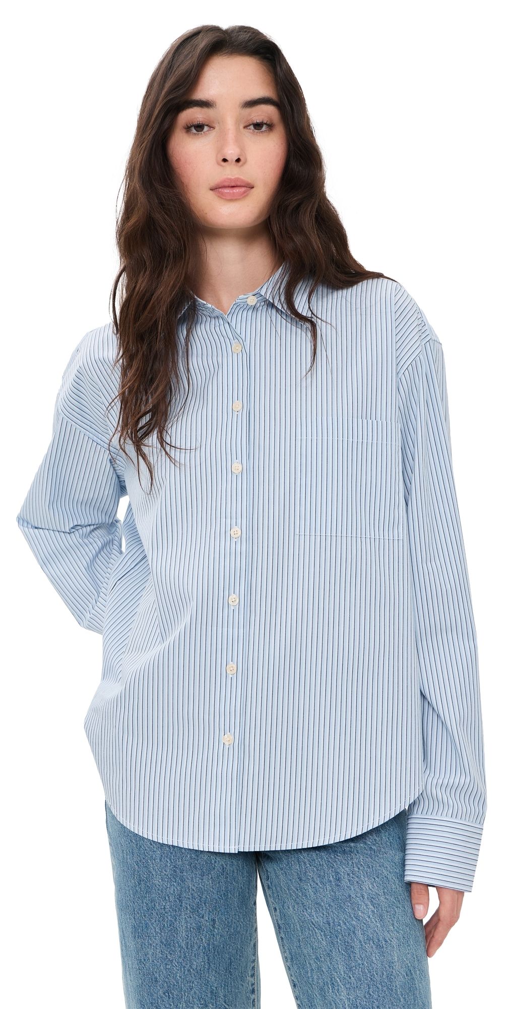 Good American The Poplin Easy Shirt Summer Sky Stripe XS