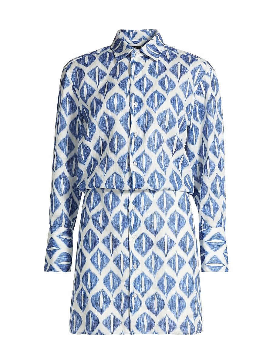 Women's Ikat-Inspired Printed Linen Shirtdress - Blue White - Size 6