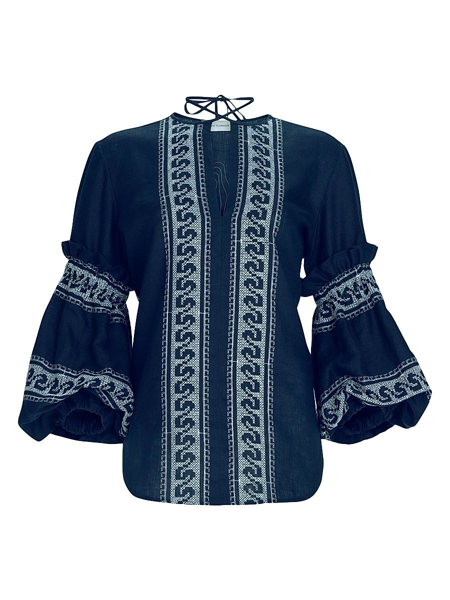 Women's Lucaya Embroidered Linen Blouse - Navy White Embroidery - Size Small