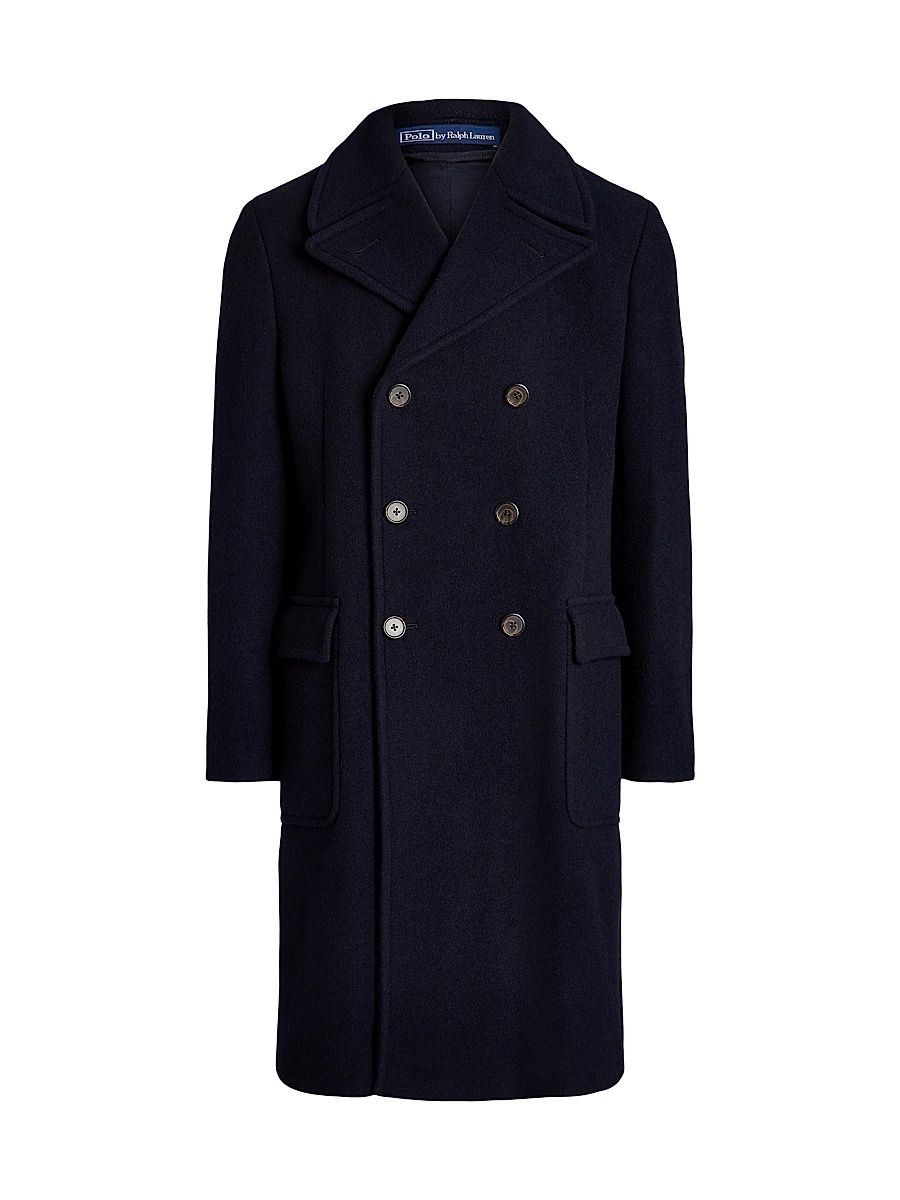 Men's Wool-Blend Double-Breasted Topcoat - Navy - Size 46