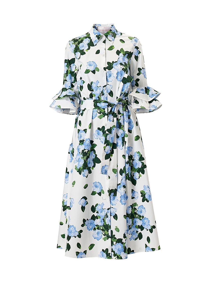 Women's Cabana Floral Belted Ruffle-Sleeve Shirtdress - White Multi - Size 16