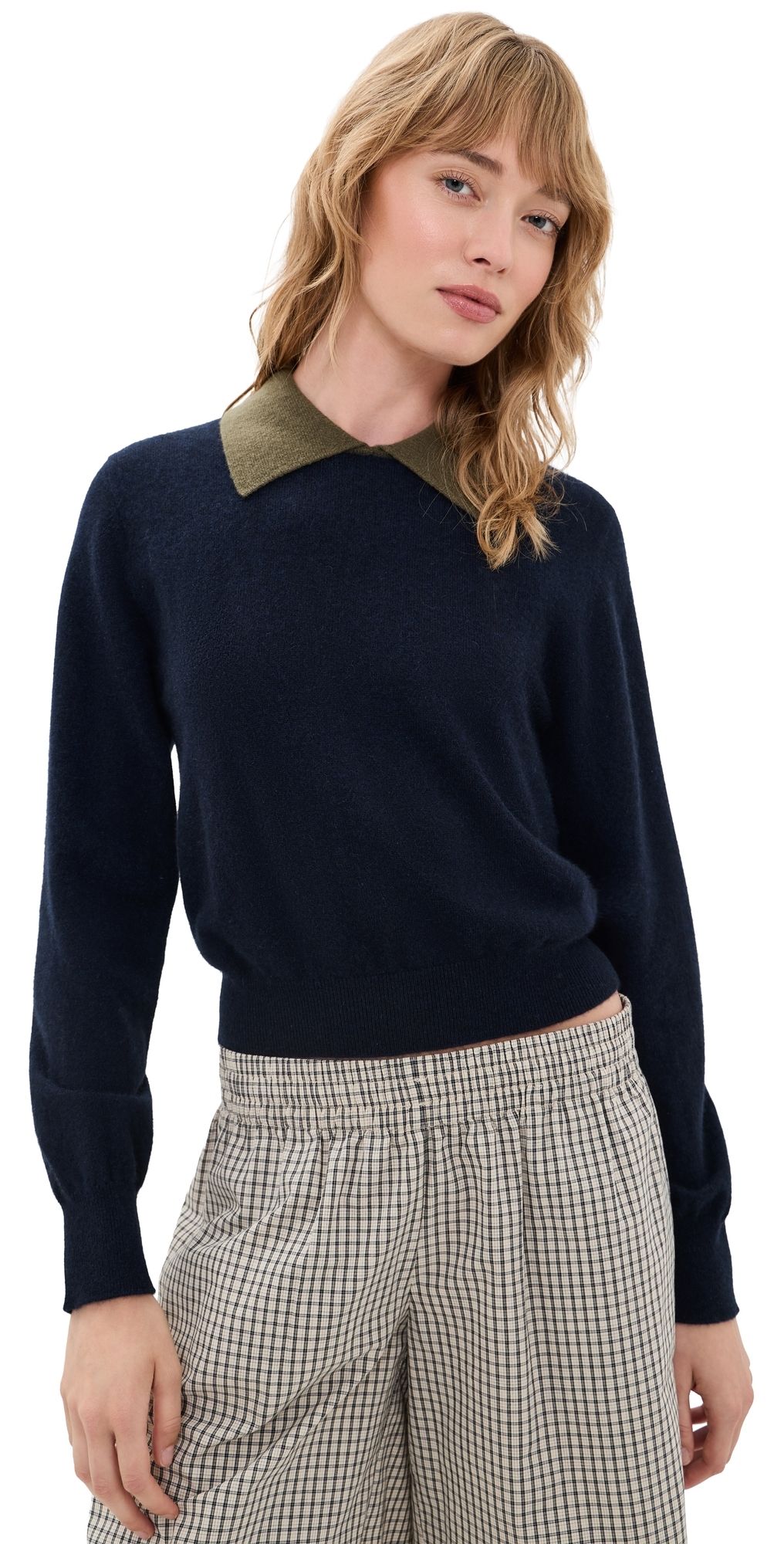 White & Warren Cashmere Contrast Collar Sweater Deep Navy/Deep Olive S
