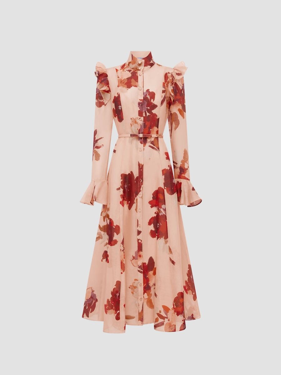 Women's Sojourn Katrina Floral Silk-Linen Midi Dress - Reverie In Nectar - Size 14