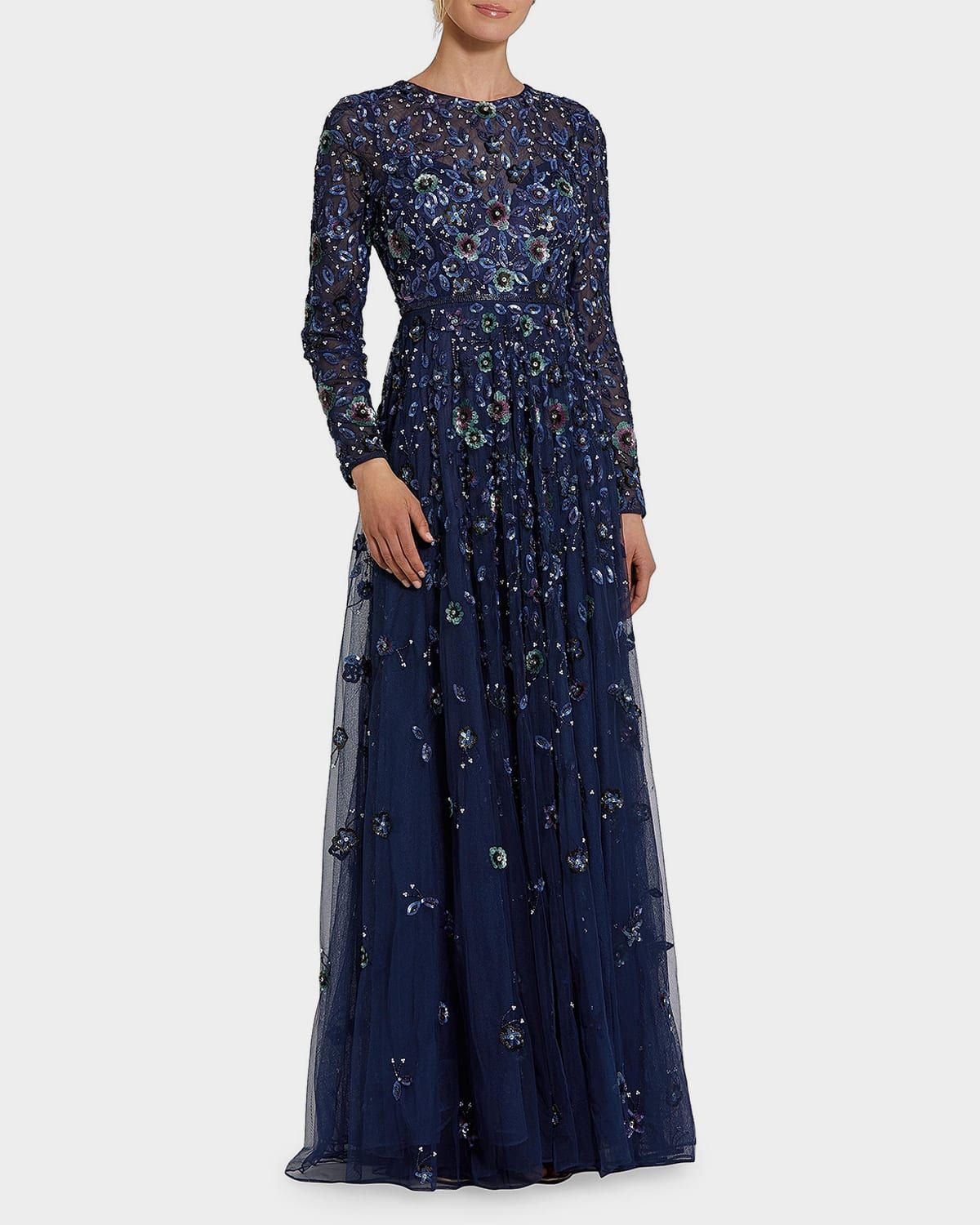 Sequin Floral Applique A-Line Gown