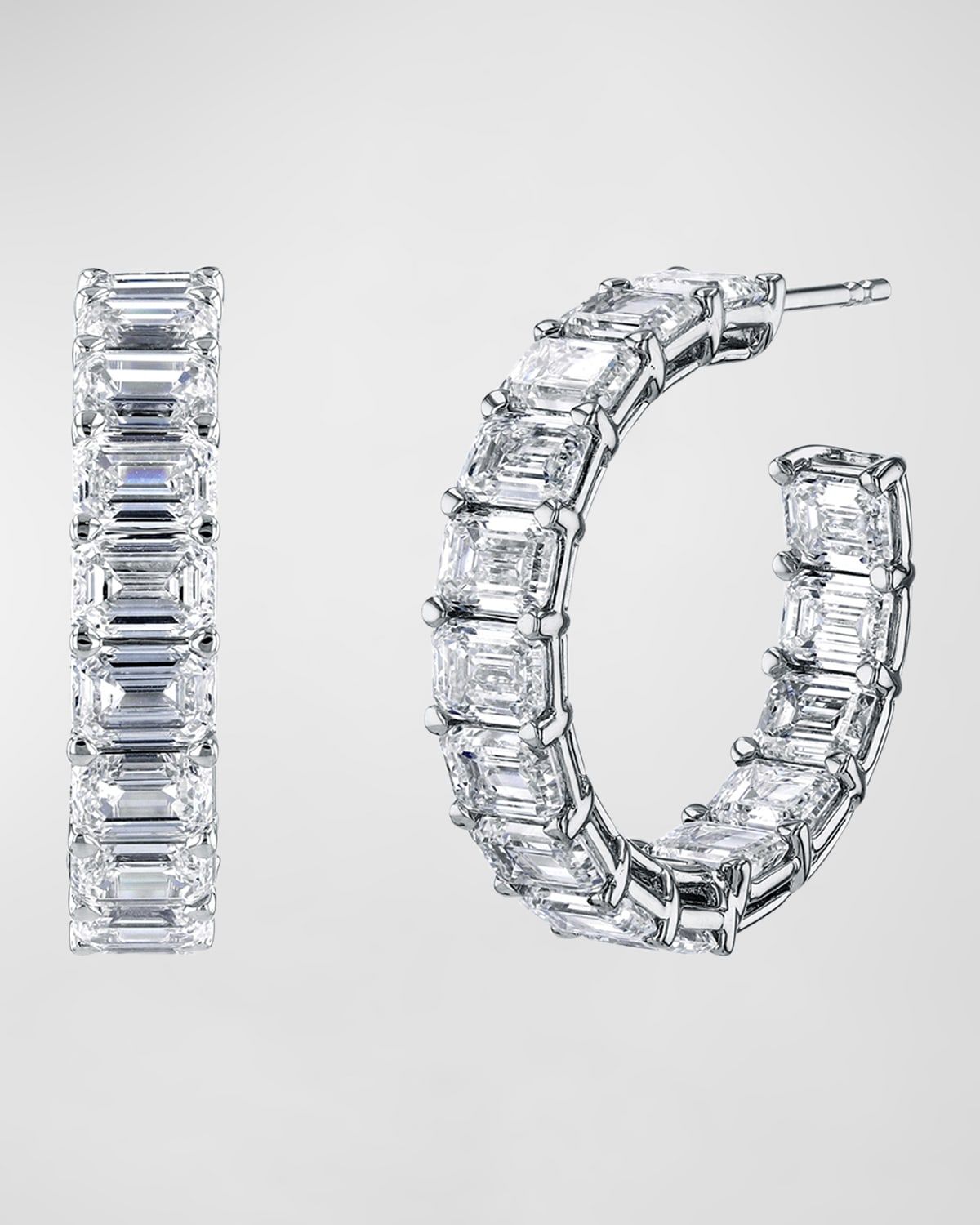 18K Gold East-West Emerald-Cut Diamond Hoop Earrings, 9tcw/1"L