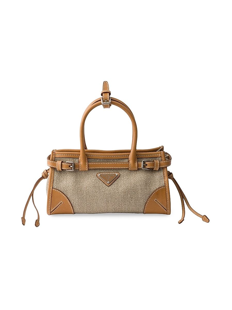 Women's Bonnie Small Linen and Leather Top Handle Bag - Beige Khaki