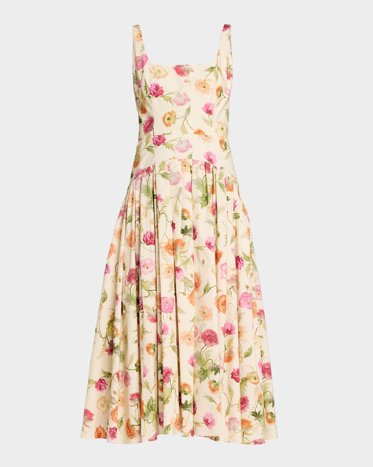 Floral Sleeveless Drop-Waist Pleated Midi Dress