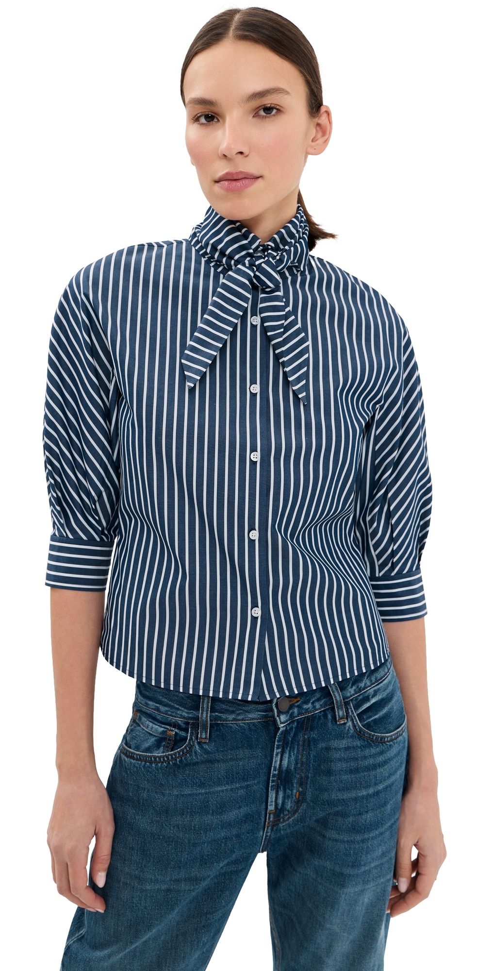 Kallmeyer Lilette 3/4 Sleeve Button Down Indigo Stripe 0