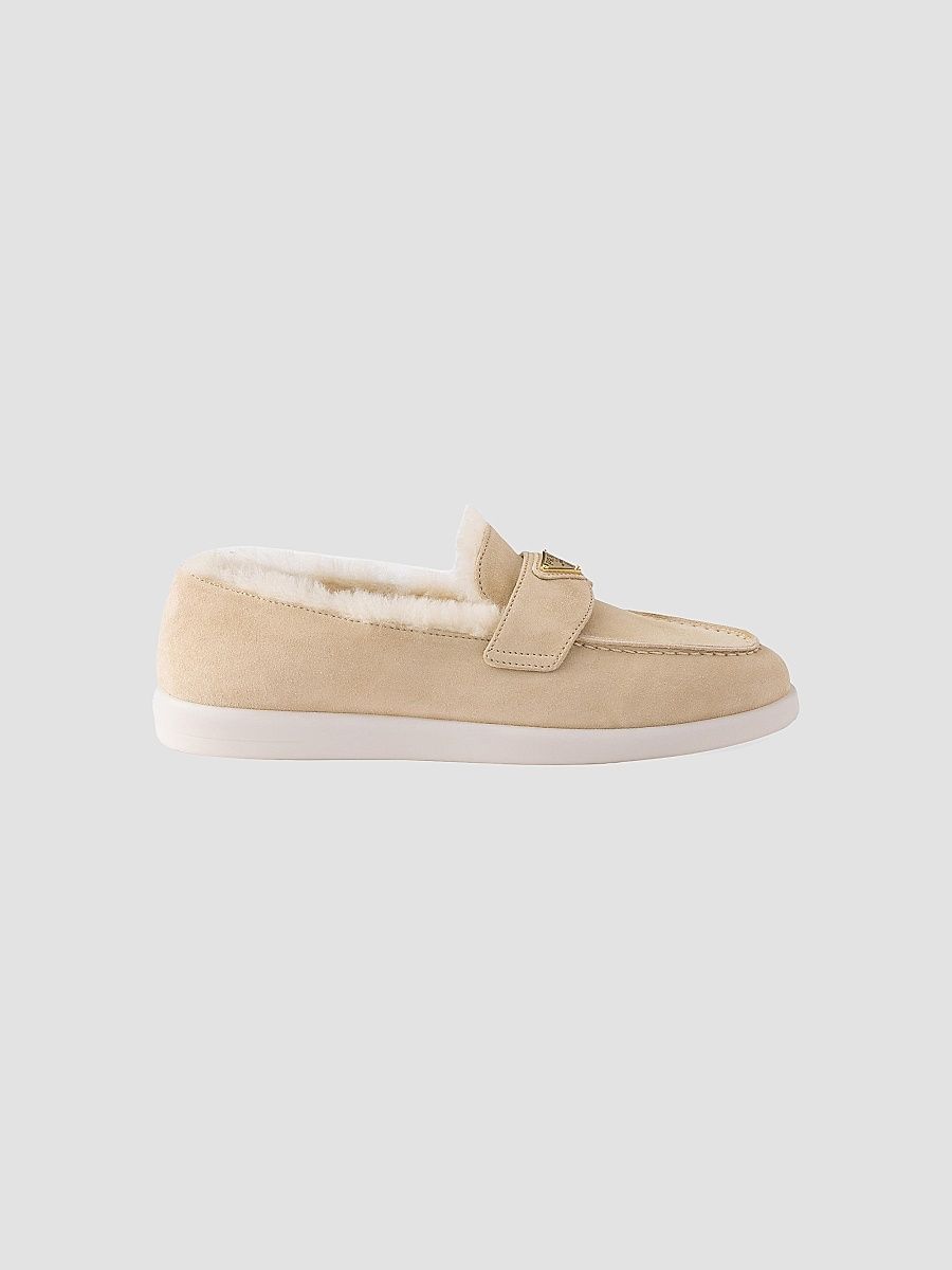 Prada Women's Suede and Shearling Loafers - Beige Khaki - Size 10.5