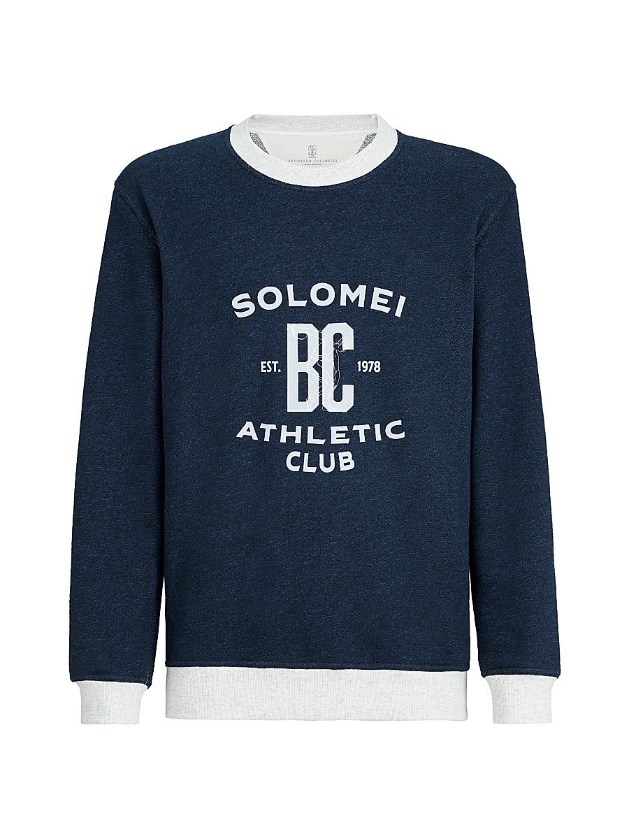 Men's Cotton and Linen Mélange French Terry Sweatshirt with Print - Navy Blue - Size Small