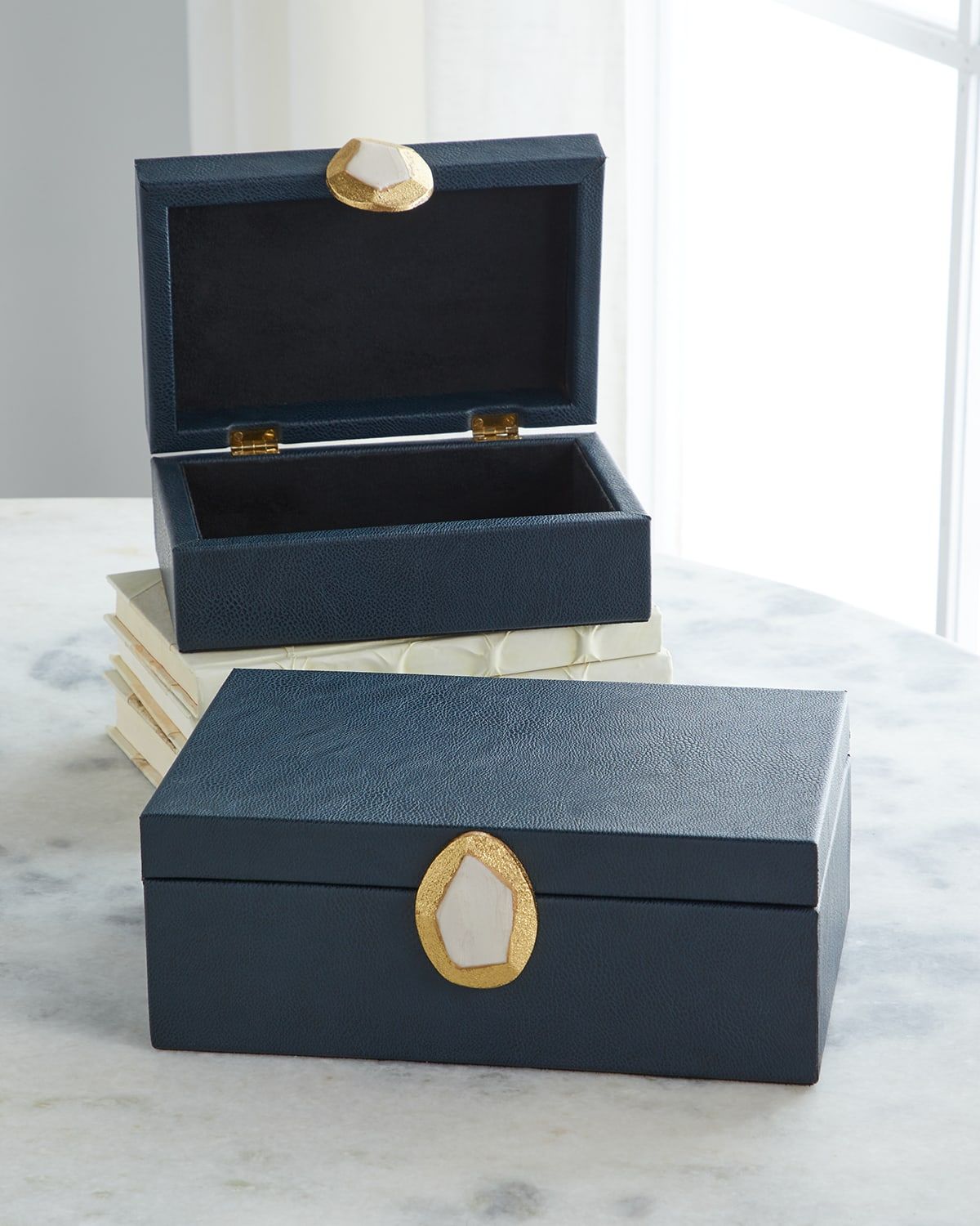 Onyx Pebble Grain Faux Leather Boxes, Set of 2