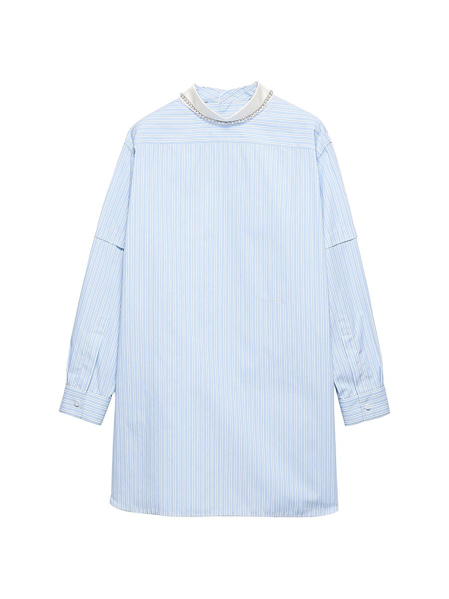 Women's Embroidered Striped Poplin Top - Blue - Size 8
