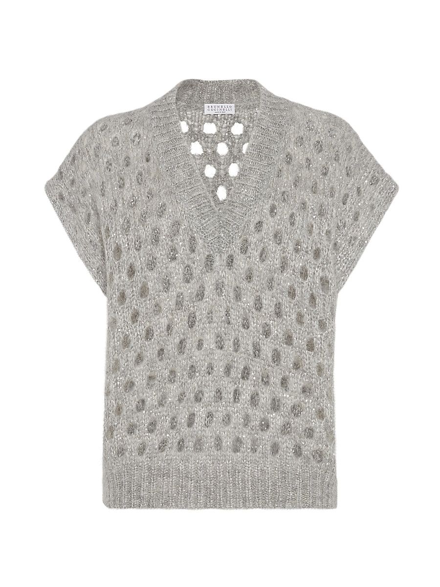 Women's Wispy Mohair and Wool Dazzling Net Sweater Vest - Light Grey - Size XXS