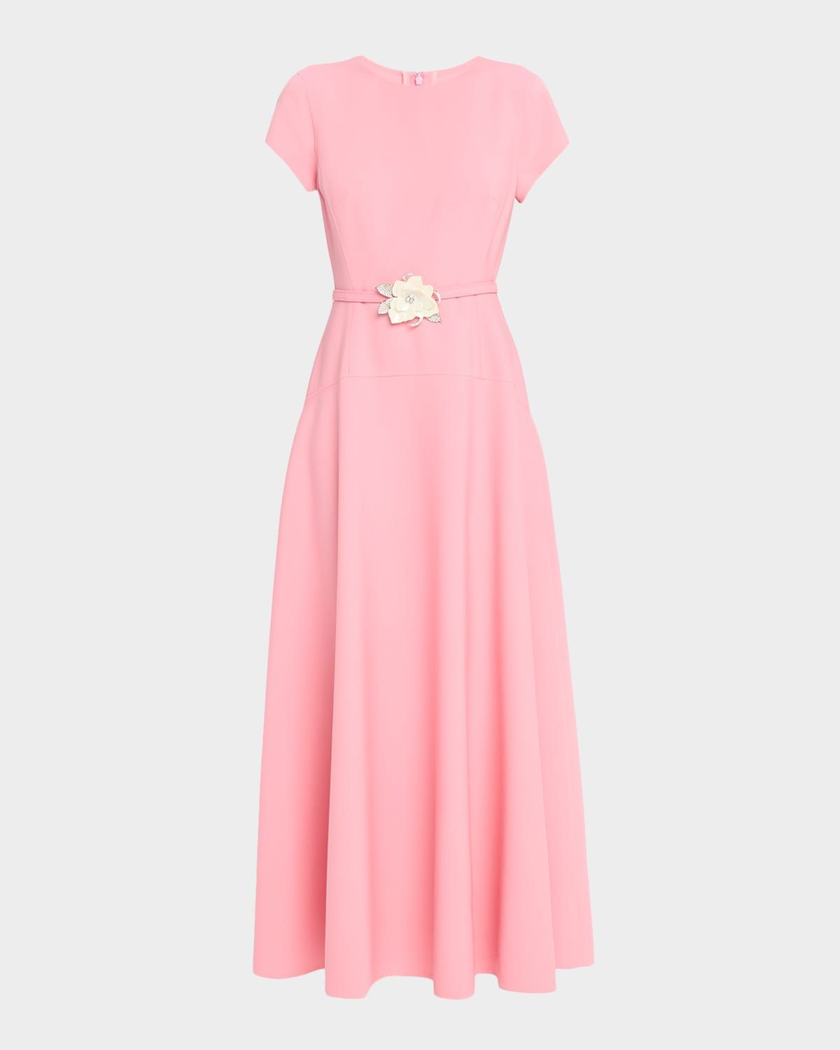 Crystal Flower Belted Short-Sleeve Tea-Length Dress