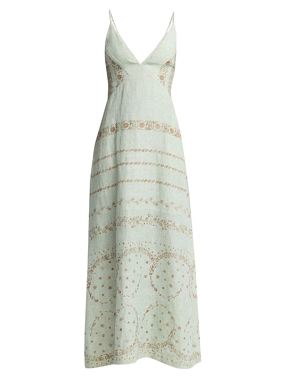 Women's Printed Linen Maxi Dress - Multi Green - Size 0