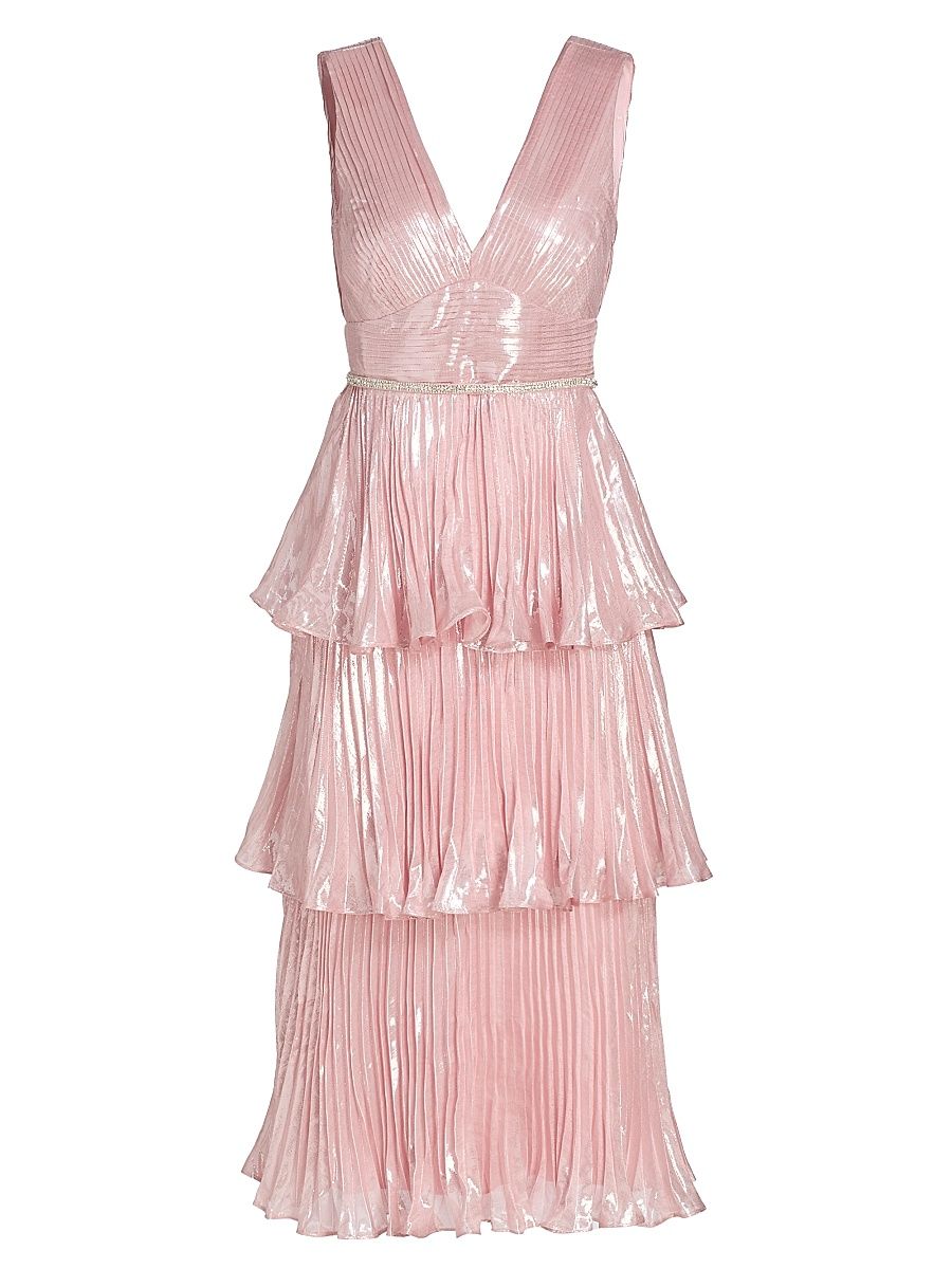 Women's Metallic Pleated Tiered Midi-Dress - Pink - Size 10