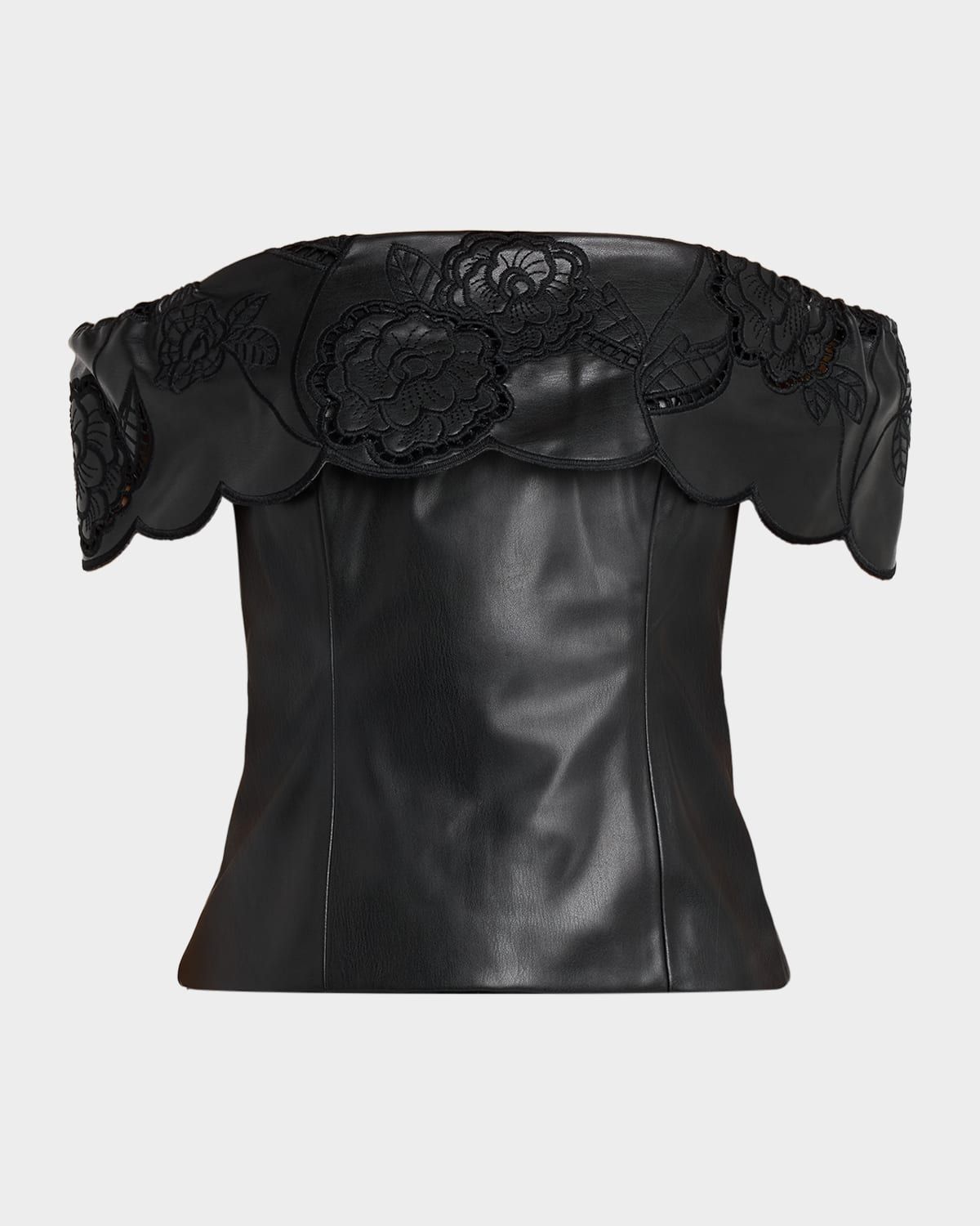 Mariana Embroidered Faux Leather Off-Shoulder Top