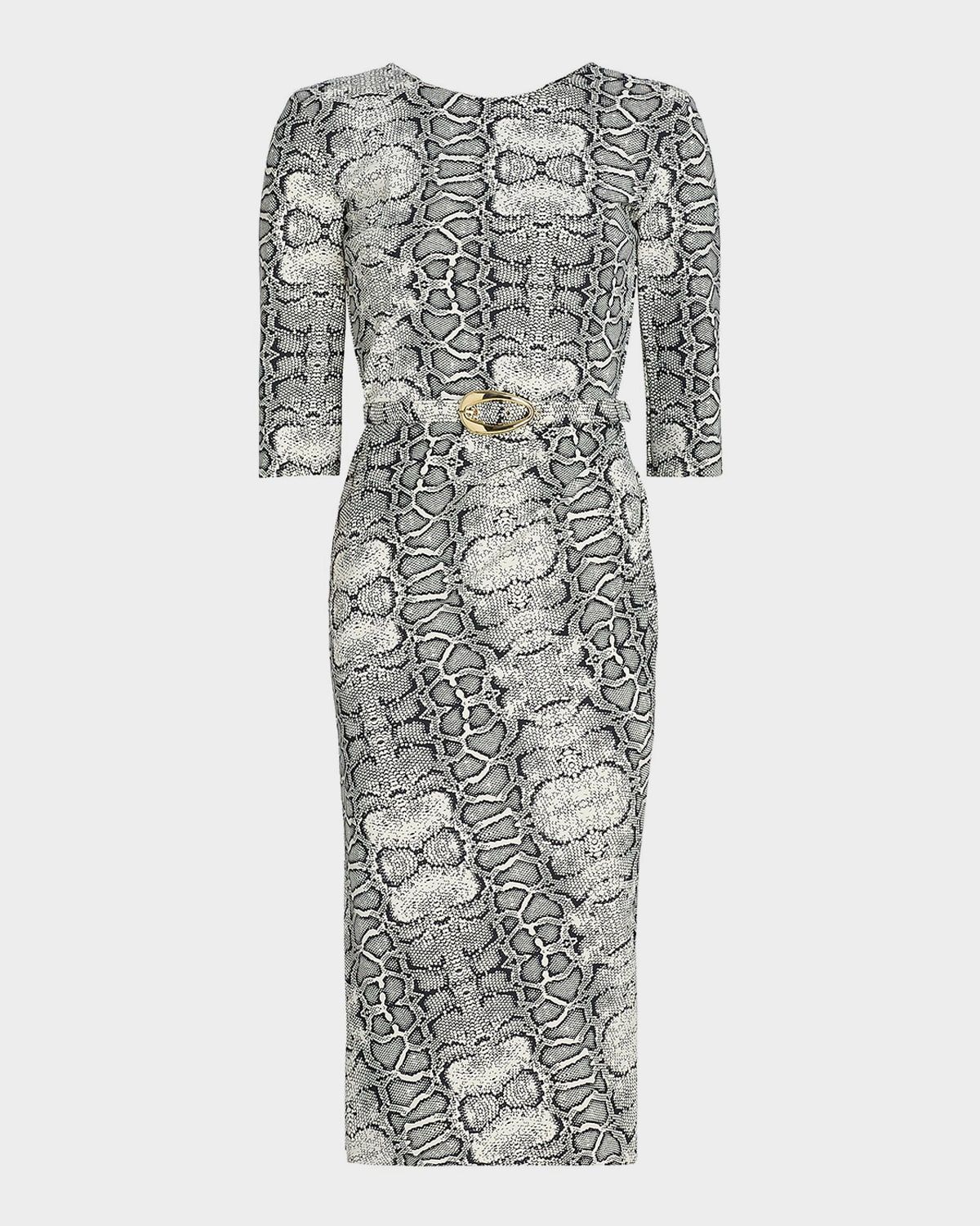 Shire Belted Snakeskin-Print Midi Sheath Dress