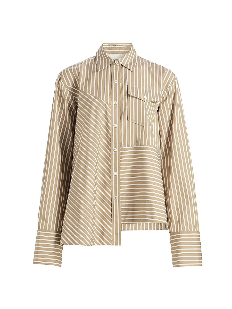 Women's Asymmetric Striped Trapeze Button-Front Shirt - Khaki Multi - Size Medium