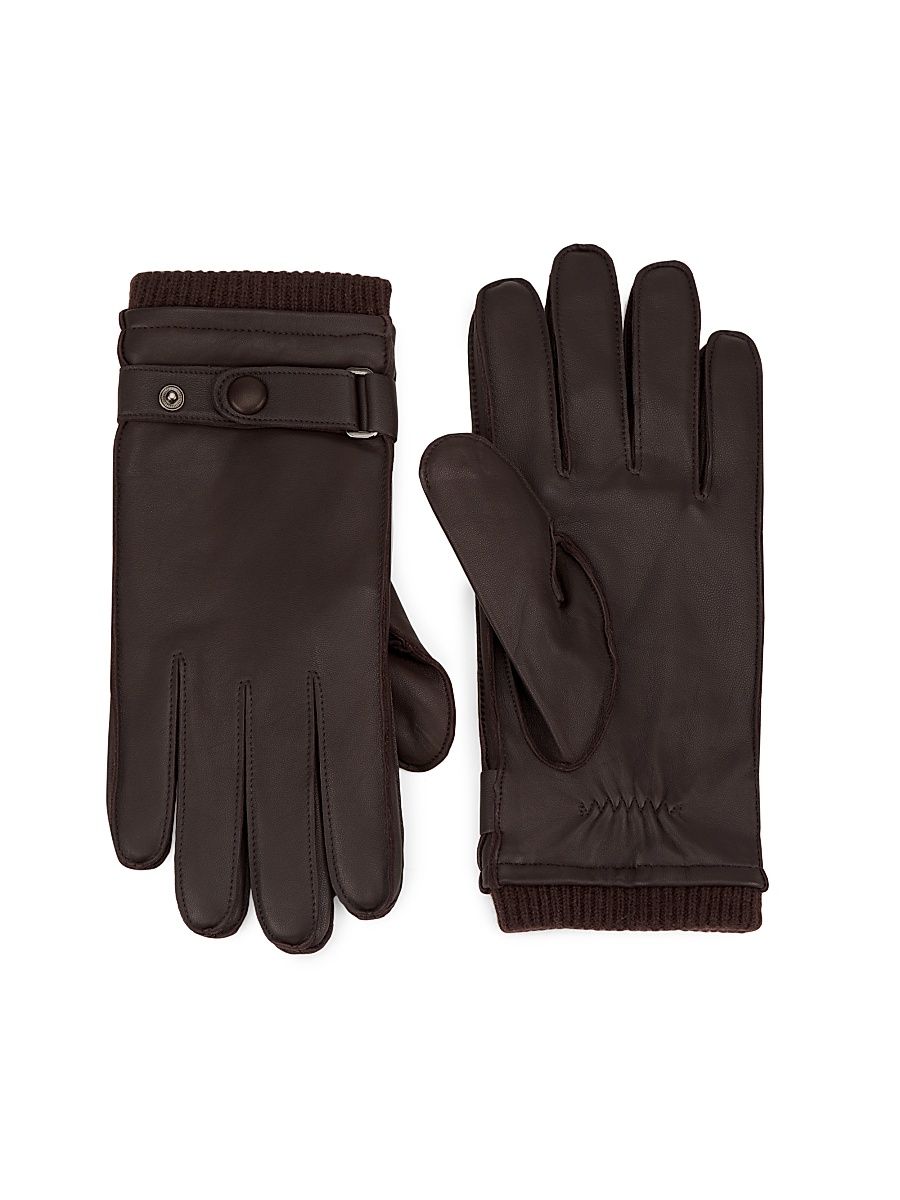 Men's Leather & Cashmere Gloves - Brown - Size Small