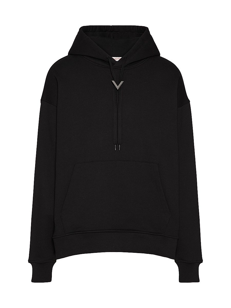 Men's Cotton Hooded Sweatshirt with Metallic V Detail - Black - Size Small