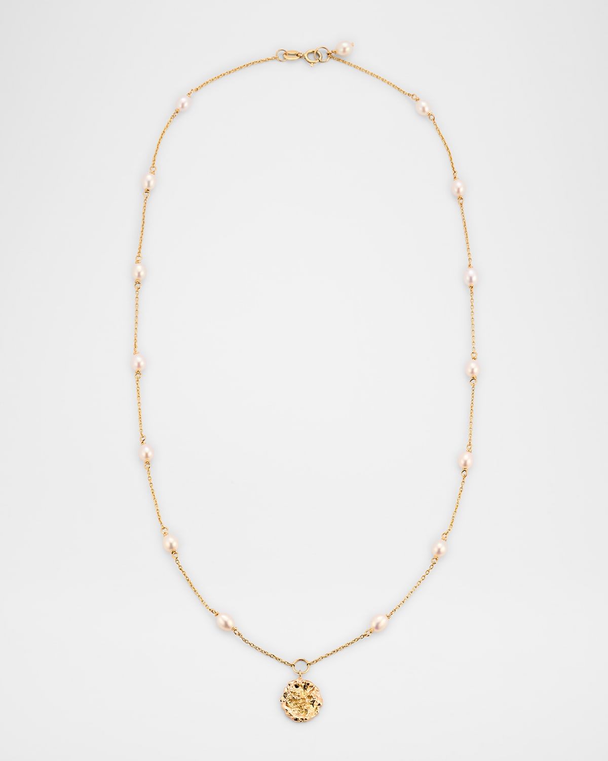 14K Yellow Gold Nugget Pearl Station Necklace