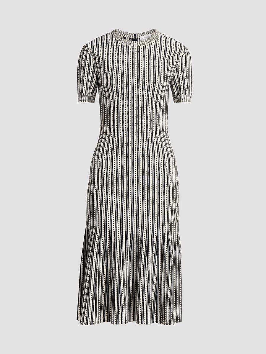Women's Jacquard Stripe Flounce Midi Dress - Ivory Navy - Size 4