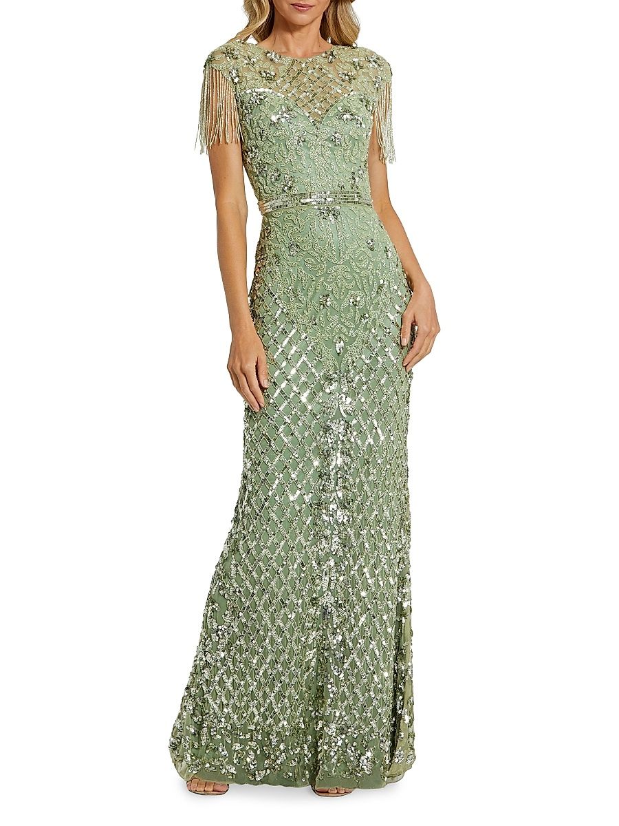 Women's Beaded Fringe Gown - Sage - Size 10