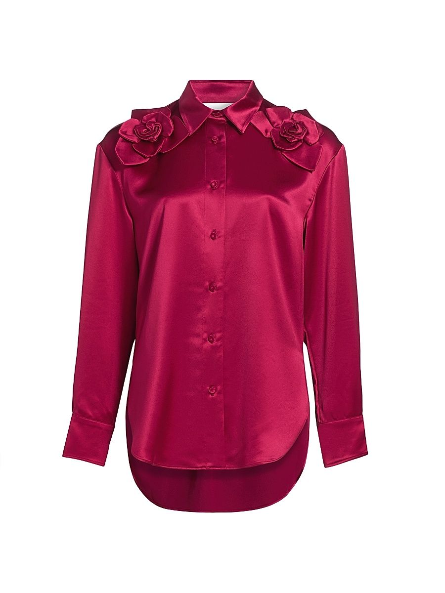 Women's Flor Satin Button-Front Shirt - Poppy - Size XS