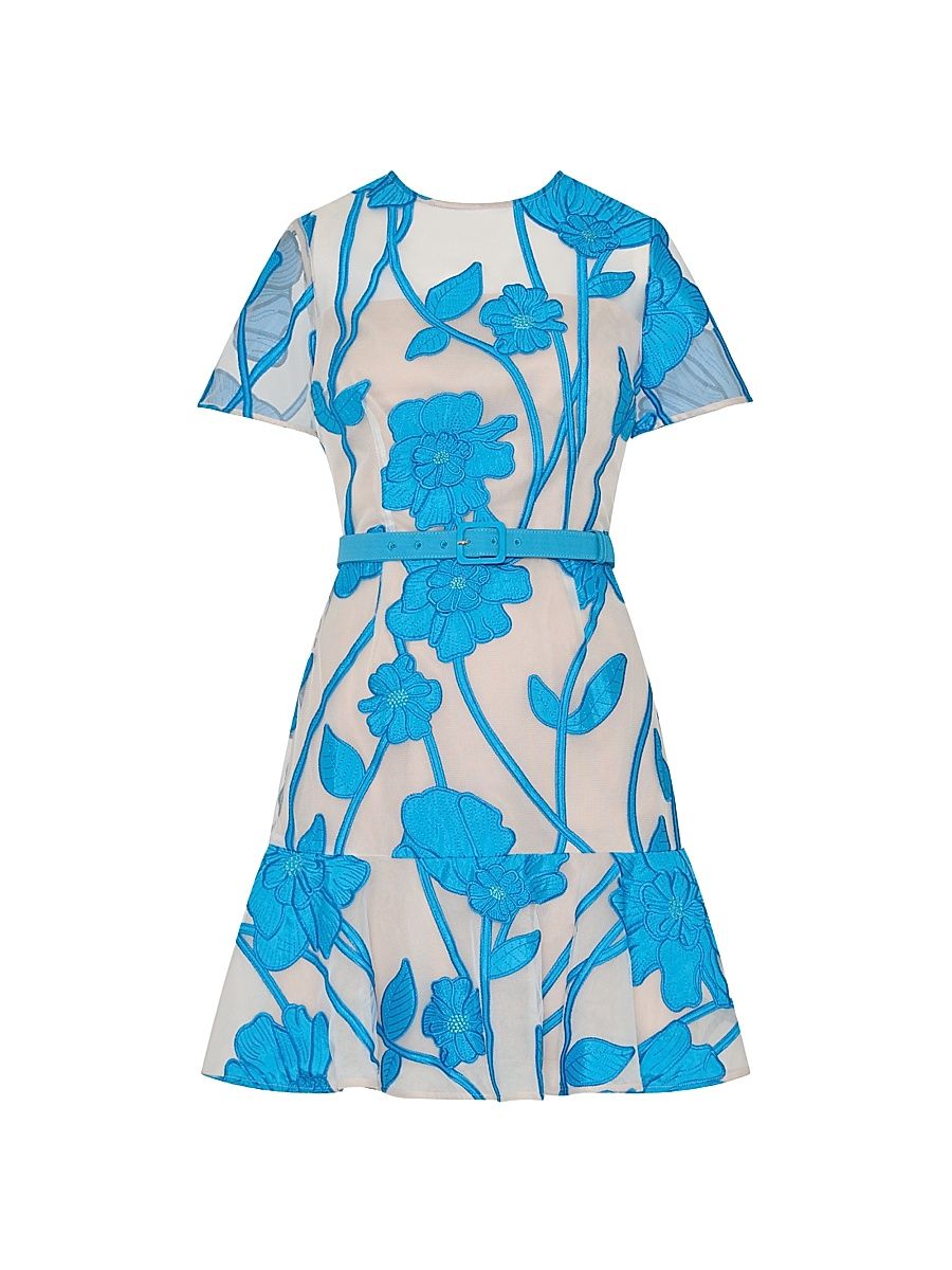 Women's Rosie Grand Fleur Belted Embroidered Minidress - Blue - Size 10