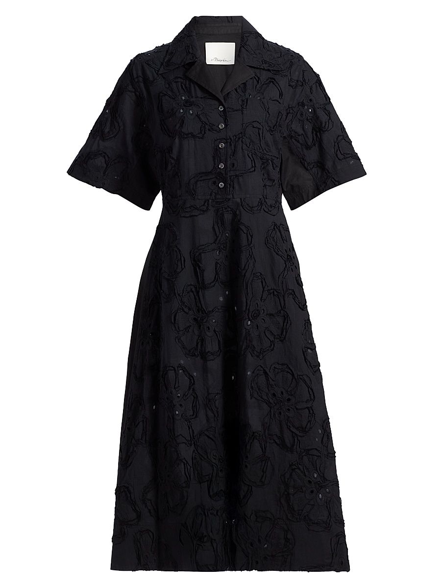 Women's 3D Floral Embroiered Cotton-Blend Midi-Shirtdress - Black - Size 12