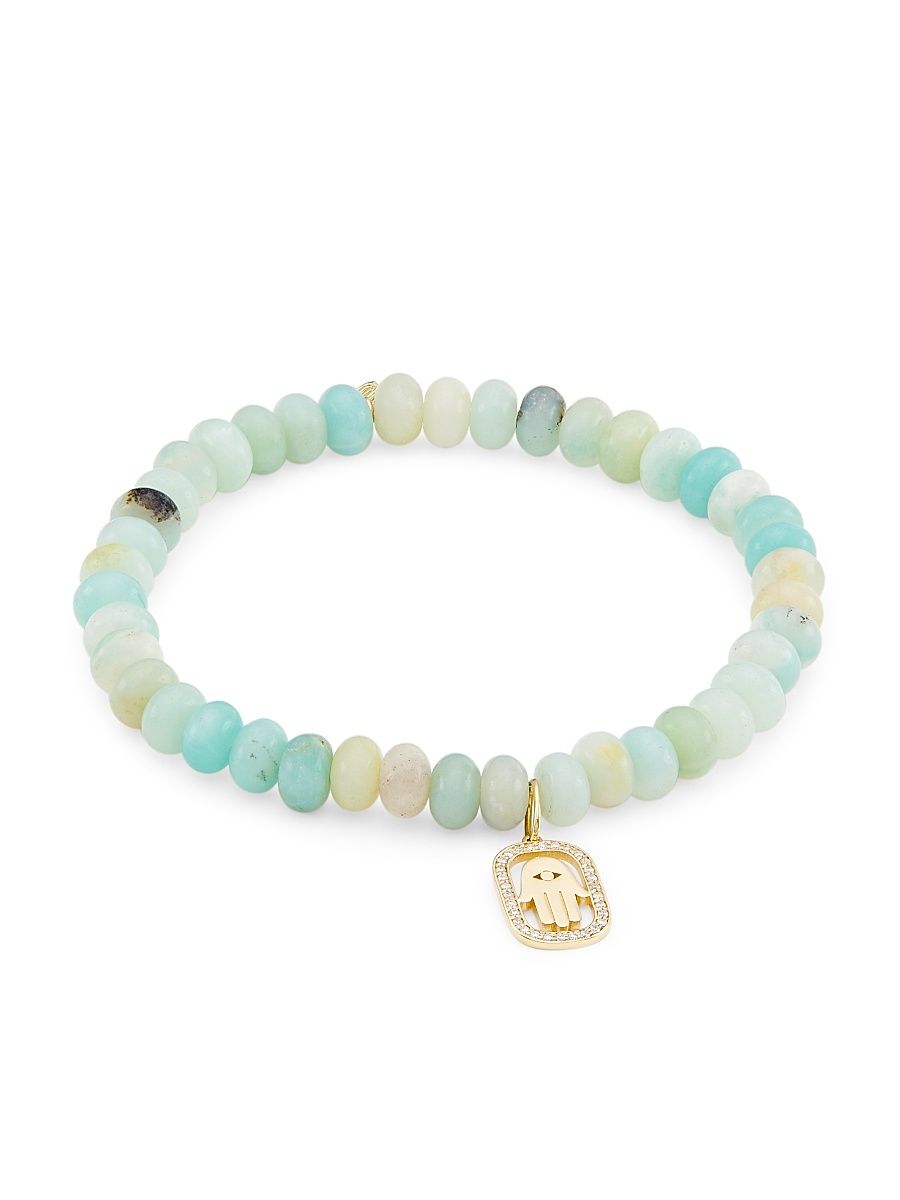 Women's 14K Yellow Gold, Amazonite, & 0.09 TCW Diamond Beaded Stretch Bracelet